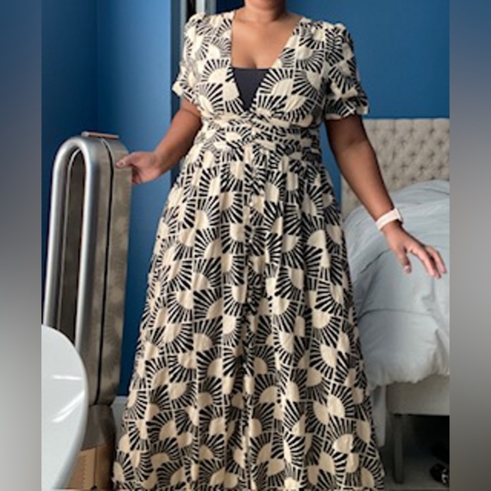 Anthropologie Katerina Button down Puff-Sleeve V-Neck Printed Maxi Dress Small - Picture 7 of 16